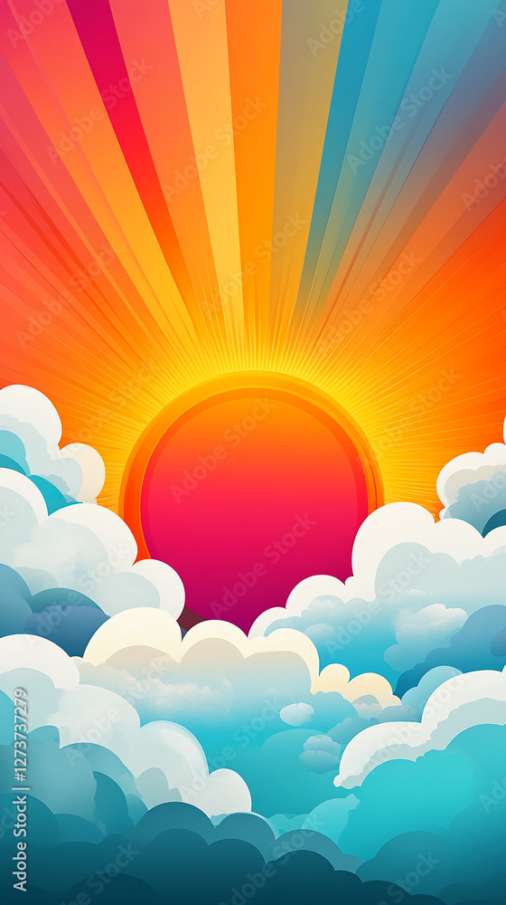 A colorful and vibrant abstract illustration of the sun rising above soft clouds, with rays spreading across the sky in hues of red, orange, yellow, and blue, symbolizing hope and warmth. A colorful and vibrant abstract illustration of the sun rising above soft clouds, with rays spreading across the sky in hues of red, orange, yellow, and blue, symbolizing hope and warmth.