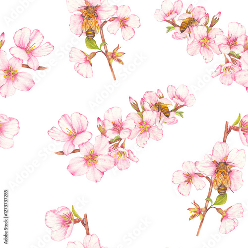 Seamless pattern of hand-drawn watercolor illustration of fruit tree blossom with bees on flowers. Theme of farming, spring, bees, apiary, honey. Ideal for seasonal holidays, wedding, children's theme