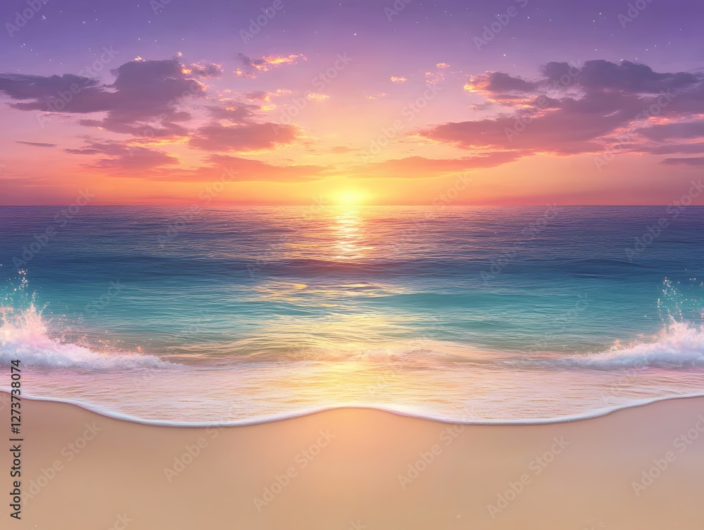 Fototapeta premium Serene Beach at Sunset with Pastel Sky and Gentle Waves Creating a Peaceful Atmosphere