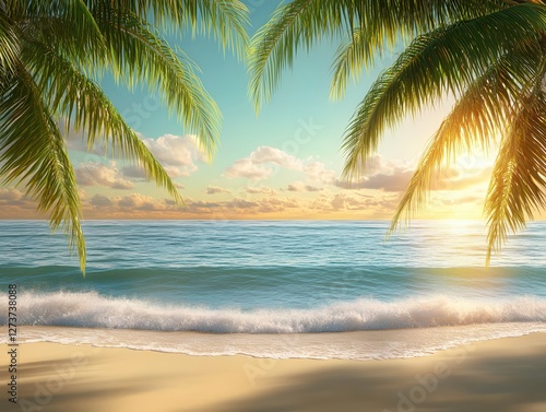 Tropical Paradise Beach Scene with Palm Trees Ocean Waves and Golden Sunset Serene Vacation