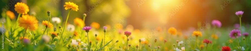 Fototapeta premium Wildflowers swaying gently in the warm breeze, garden, sunny