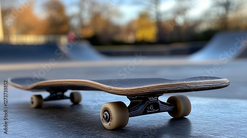 Artistic View of a Skateboard Positioned at a Skatepark during Golden Hour : Generative AI