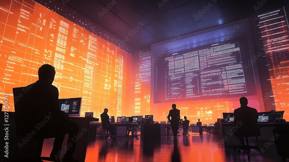 Dynamic Cybersecurity Operations Center with Data Visualizations and Monitors in Focus : Generative AI