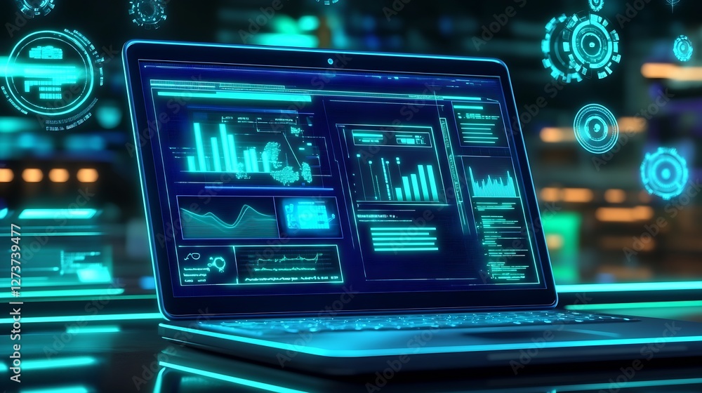 Futuristic Laptop Screen Displaying Data Visualizations and Graphs in a Tech Environment : Generative AI