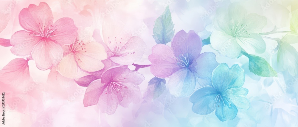 Soft watercolorstyle Japanese floral pattern in pale pink and sage green, dreamy and artistic aesthetic