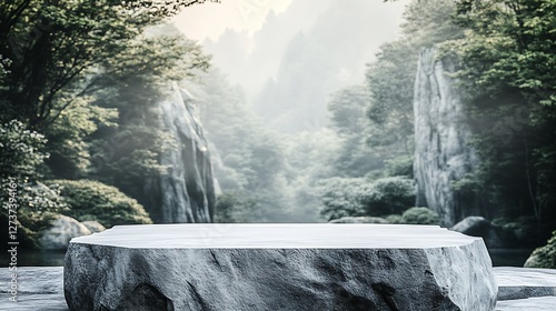 Lush green forest landscape showcasing a rocky table in a misty mountain setting : Generative AI
