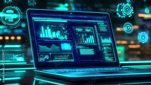 Obraz na płótnie Futuristic Laptop Screen Displaying Data Visualizations and Graphs in a Tech Environment : Generative AI w salonie