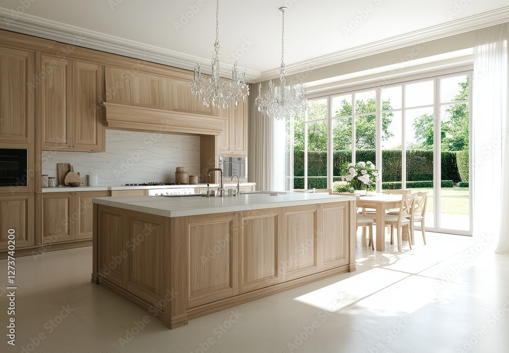 Fototapeta premium This new traditional style luxury home showcases a beautifully designed kitchen with quartz countertops, hardwood flooring, and modern stainless steel appliances