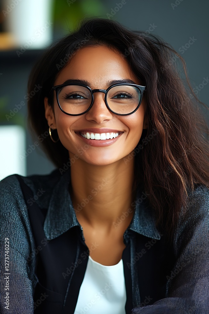 Confident Smiling Businesswoman with Glasses in Contemporary Office for Modern Professional Vibe : Generative AI