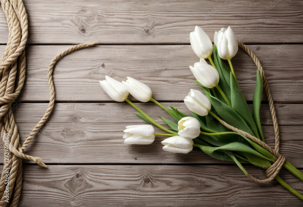 Naklejka premium White tulips and ropes were placed on the wooden table
