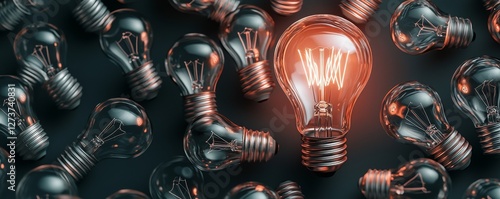 Big ideas are embodied by an illuminated light bulb that shines brighter than the rest of the unlit bulbs