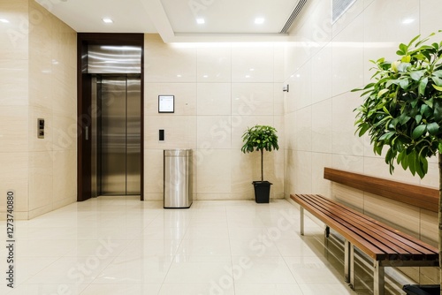 The lobby of a building has recessed LED light strips installed on both the walls and the ceilings, with no one present photo