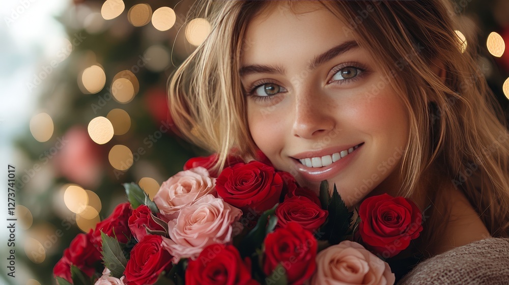 A happy girl with a beautiful bouquet of red and pink roses on a soft blurred background filled with warm, shining lights, evoking feelings of love and celebration A happy girl with a beautiful bouquet of red and pink roses on a soft blurred background filled with warm, shining lights, evoking feelings of love and celebration