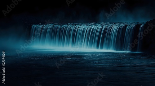 Majestic Waterfall in Moody Blue Tones Creates a Serene and Powerful Natural Landscape View