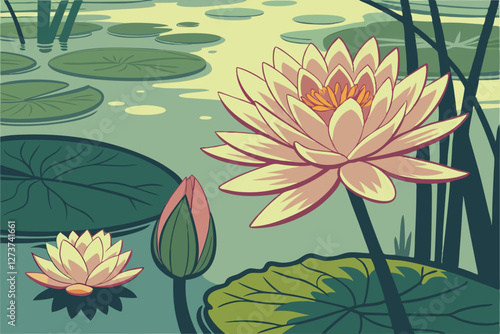  Vibrant lotus flowers, serene pond, lily pads, tranquil water surface, soft focus, dreamy atmosphere, golden and pink petals, lush green leaves, reflections, macro photography, nature beauty, zen 