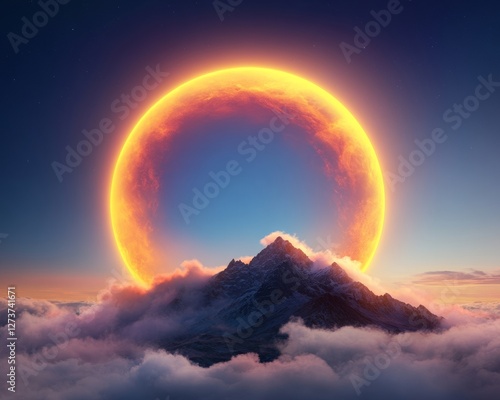 Atmospheric Celestial Eclipse Art Radiant Solar Phenomenon over Majestic Mountain Peaks - Captivating Visuals for Space Exploration Content and Sci-Fi Media Design photo