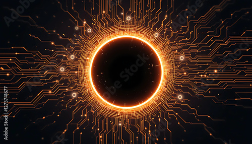 An abstract 2D illustration of an eclipse formed by intersecting circuits and glowing patterns. The design evokes a sense of wonder and the merging of natural and technological phenomena.