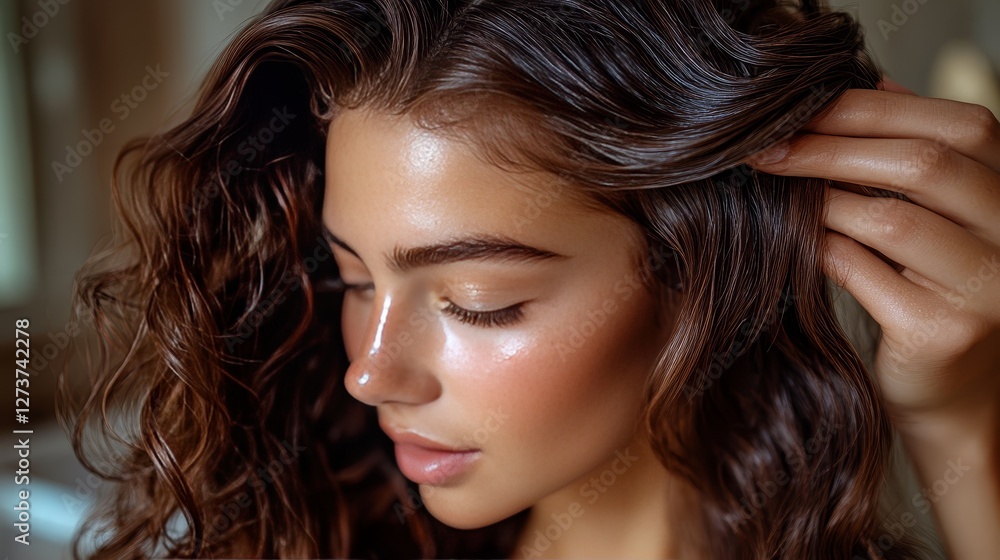 Obraz premium A close-up of a woman's hands carefully styling her beautiful wavy hair in a salon, emphasizing its rich texture and shine, is ideal for demonstrating hair care and beauty treatments.
