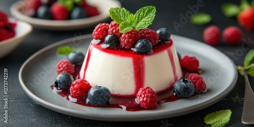 Delicate panna cotta topped with fresh berries and mint on a dark plate