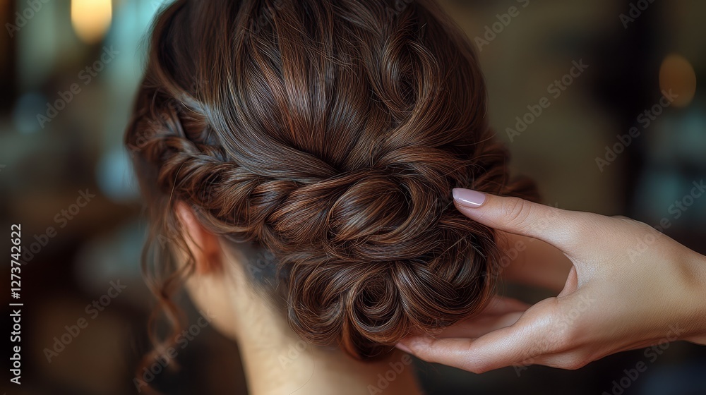 Obraz premium A close-up of a beautiful female hairstyle with intricate braids and soft curls. The hand gently adjusts the hairstyle, emphasizing the elegance and craftsmanship
