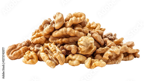 Stack of raw walnuts and walnut kernels Isolated on white background