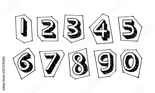 Hand-drawn numbers zero to nine quirky doodle cartoon vector elements.