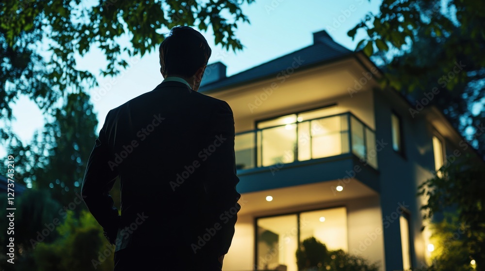 A detective standing outside a house, observing the surroundings for signs of activity. Featuring surveillance and analysis A detective standing outside a house, observing the surroundings for signs of activity. Featuring surveillance and analysis
