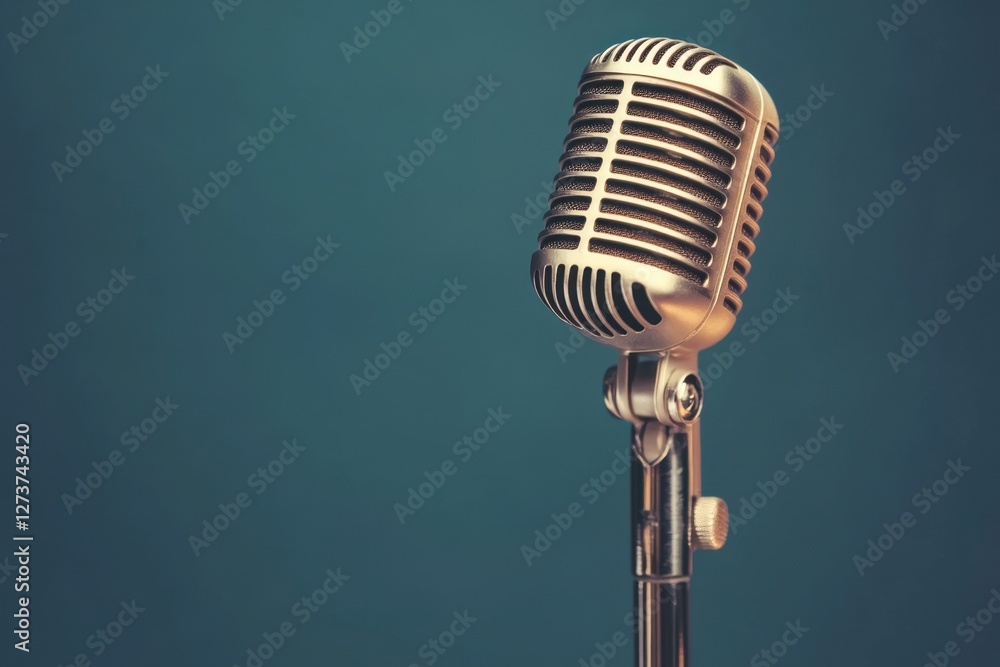 Fototapeta premium Retro style microphone stands against dark turquoise background