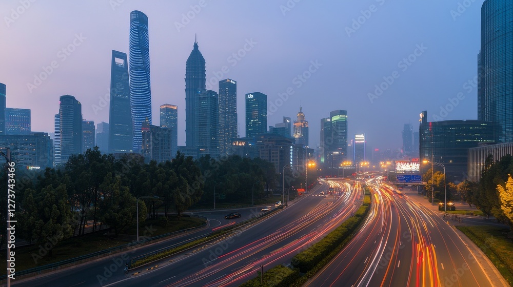 A busy urban highway during evening rush hour features motion blur, with the city skyline in the background aglow with the light of numerous headlights and taillights A busy urban highway during evening rush hour features motion blur, with the city skyline in the background aglow with the light of numerous headlights and taillights