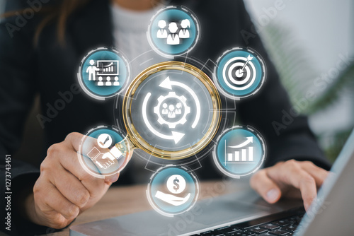 Billede på lærred Digital interface illustrating human resource management with business icons, symbolizing modern workplace efficiency and strategy
