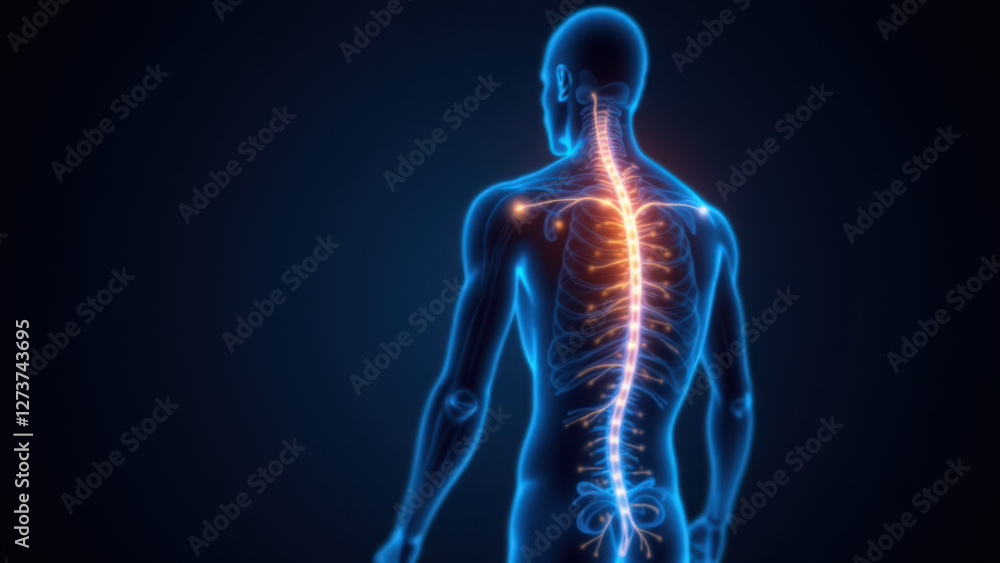 An illustration of a human body with highlighted nervous system including spinal cord and cranial nerves, emphasizing VNS (Vagus Nerve Stimulation). An illustration of a human body with highlighted nervous system including spinal cord and cranial nerves, emphasizing VNS (Vagus Nerve Stimulation).