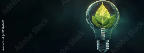 Sustainable energy development is the focus of an environmental banner that showcases a light bulb adorned with green leaves, set against a green backdrop, and includes sufficient room for additional photo