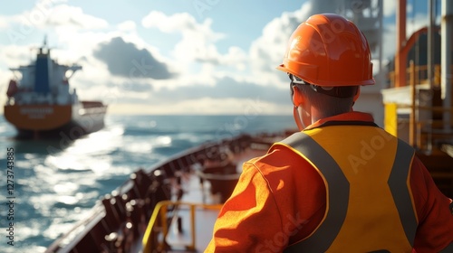 A worker on a ship looks at the horizon at sea. Dressed in protective gear, including a helmet and an orange jumpsuit, he watches the ocean and the work of the ship.