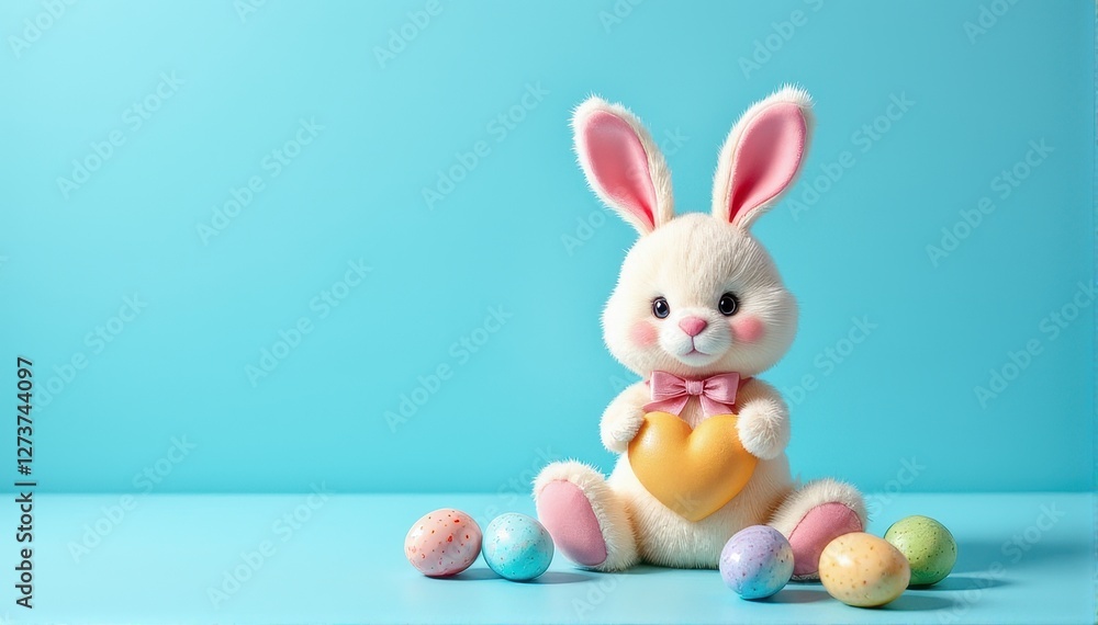 Fototapeta premium Cute Plush Bunny with Easter Eggs on a Bright Blue Background
