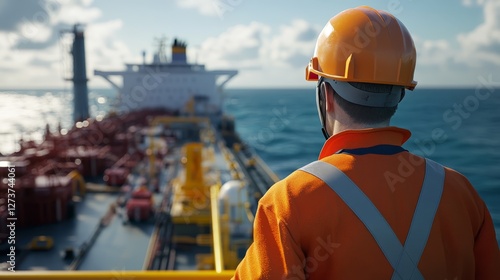 A worker on a ship looks at the horizon at sea. Dressed in protective gear, including a helmet and an orange jumpsuit, he watches the ocean and the work of the ship.