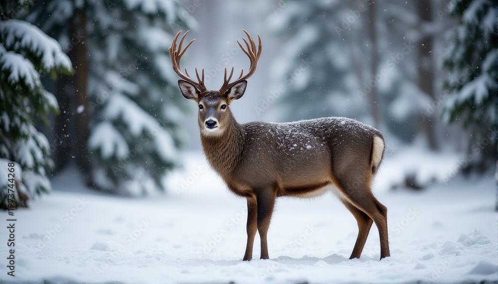 Majestic deer standing in snowy forest landscape with snowfall Majestic deer standing in snowy forest landscape with snowfall