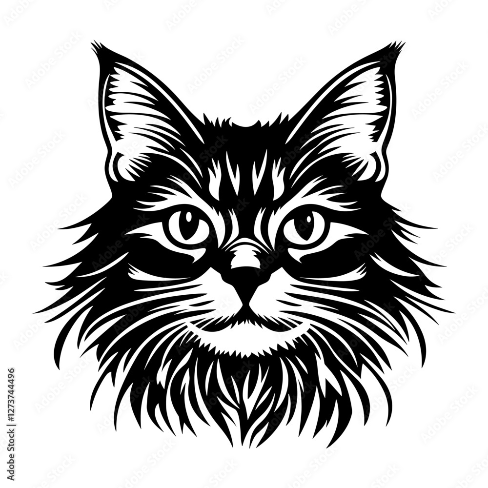 Chubby Norwegian Forest cat head linear art illustration drawing vector Chubby Norwegian Forest cat head linear art illustration drawing vector