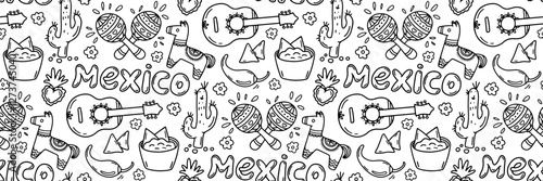 Mexican culture symbols doodle pattern. Guitar, maracas, cactus, pinata and guacamole. Mexican tradition musical instruments and food. Cinco de Mayo celebration background. Vector outline illustration