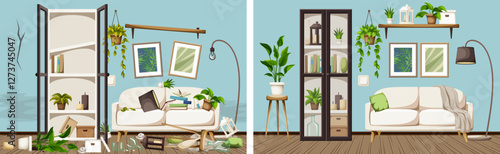 Messy and clean living room before and after cleaning. Living room interior with blue walls, a white sofa, a bookcase, and houseplants. Cartoon vector illustration