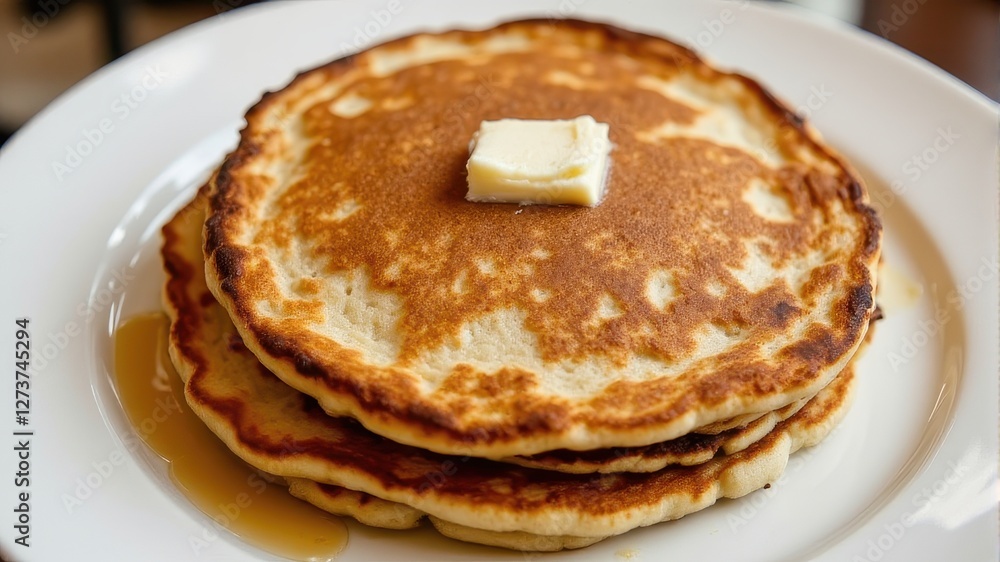 Delicious Breakfast Pancakes with Butter on a White Plate Delicious Breakfast Pancakes with Butter on a White Plate