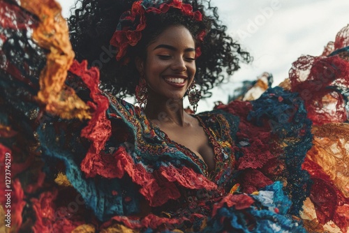 A vibrant young woman wearing a colorful dress performs a flamenco dance