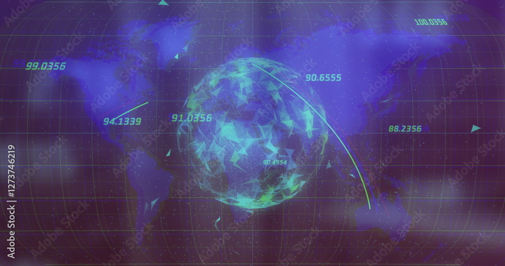 Image of data processing over globe and world map Image of data processing over globe and world map