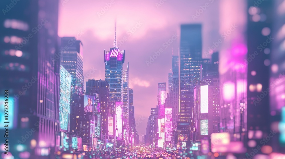 Obraz premium The neon city lights are blurred and presented in a bokeh style, forming a futuristic-looking backdrop