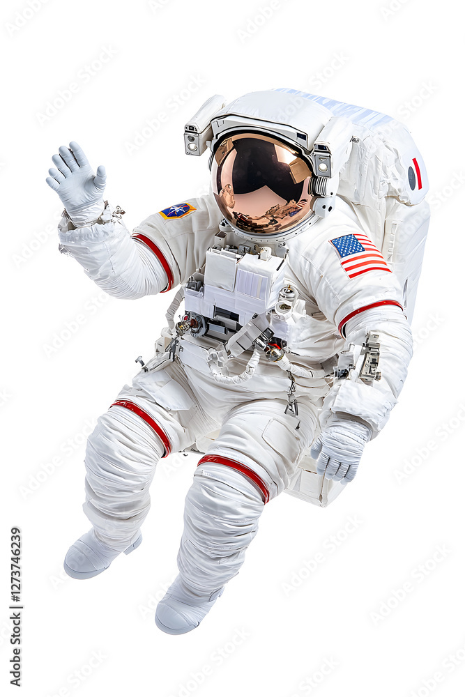 Astronaut in space suit waving hand isolated on white background Astronaut in space suit waving hand isolated on white background