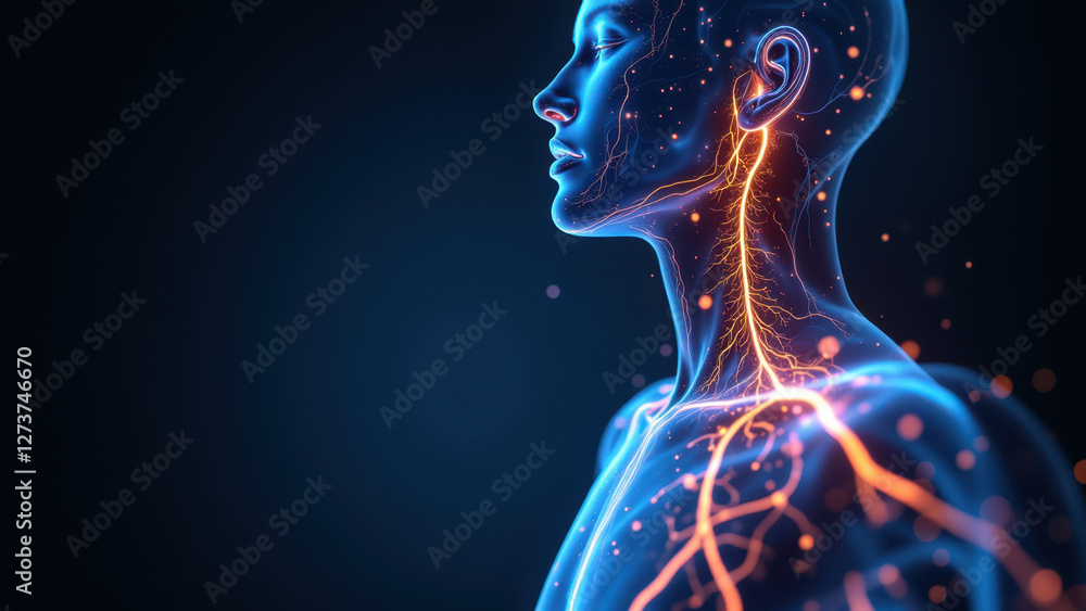 A computer-generated human figure with a glowing representation of VNS or vagus nerve stimulation. A computer-generated human figure with a glowing representation of VNS or vagus nerve stimulation.