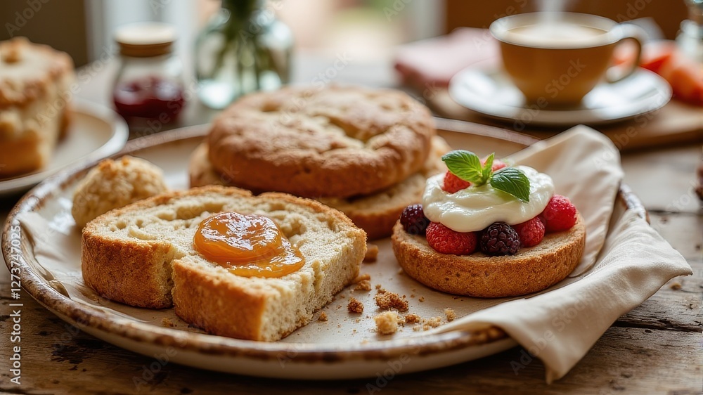Freshly Baked Biscuits with Fruit and Cream on Rustic Table Freshly Baked Biscuits with Fruit and Cream on Rustic Table