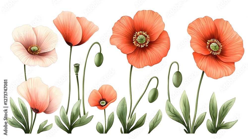 Obraz premium A tranquil field of vibrant red poppies swaying gracefully captured in loose watercolor brushstrokes against a clean white canvas