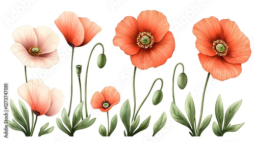 A tranquil field of vibrant red poppies swaying gracefully  captured in loose watercolor brushstrokes against a clean white canvas