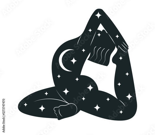 Woman silhouette with stars and moon performing yoga, concept of finding yourself and tranquility. Hand drawn vector illustration in flat design