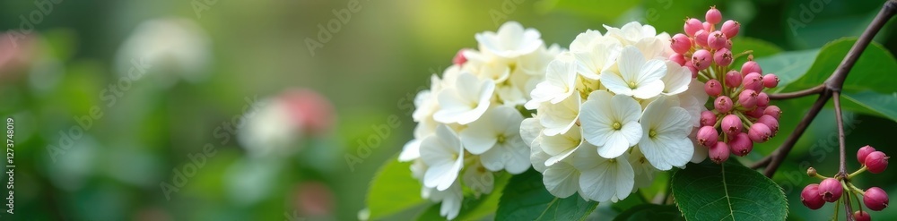 White Hydrangea stem with pink flowers and berries, plant, greenery, floral White Hydrangea stem with pink flowers and berries, plant, greenery, floral